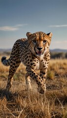 Naklejka premium Cheetah in mid-sprint across savanna landscape with determined expression