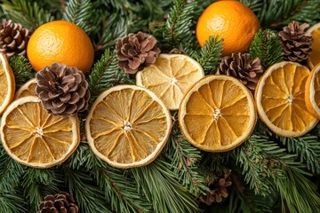 Christmas tree banner with decorations made from dried oranges, lemons, and pine cones