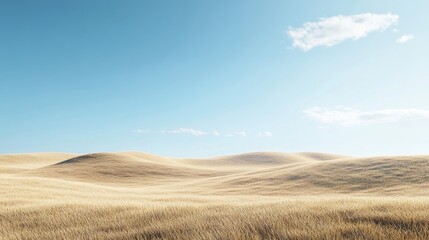 A serene landscape featuring rolling hills covered in beige grass under a clear blue sky.