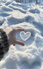 Fototapeta premium A photo of a hand drawing a heart shape in the snow.