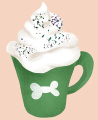 A green mug decorated with a white bone symbol, filled with whipped cream and topped with colorful sprinkles. peach background. Perfect for pet-themed designs or food-related projects.JPG