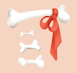 An illustration of four white bones in various sizes, with the largest bone tied with a red ribbon. This design is perfect for pet-related themes, gift ideas, or holiday projects involving dogs.
