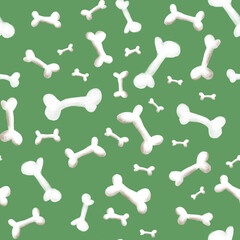 Small and big white bones scattered on green background cute seamless pattern. Doggy bone green repeat background. Green pet lover design.