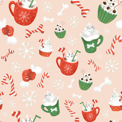 Christmas winter seamless dog pattern. A mug with whipped cream. The pattern features soft and a peach background. Perfect for pet-themed designs or food-related projects