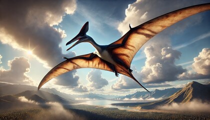 Pterodactyl flying over prehistoric landscape with dramatic clouds