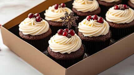 A collection of festive cupcakes featuring white frosting and chocolate snowflake toppers, beautifully presented in elegant packaging, perfect for holiday celebrations