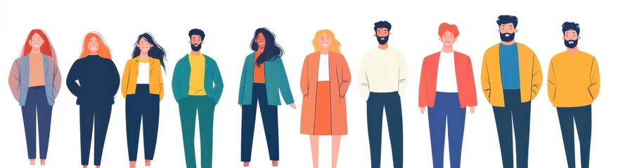 A group of people standing next to each other, illustration, white background, pastel colors Generative AI
