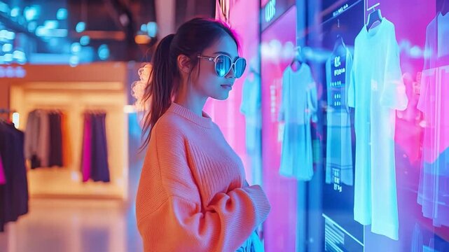 A stylish woman observes digital clothing displays while exploring a colorful boutique illuminated by neon lights in the evening