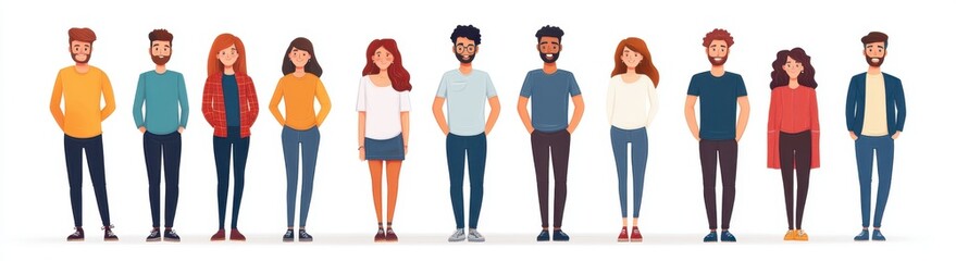 Fototapeta premium Cute cartoon vector-style people standing in a row, isolated on a white background Generative AI
