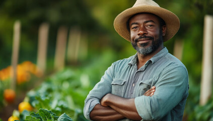 Fototapeta premium A man standing confidently in a garden. Suitable for lifestyle and outdoor themes 