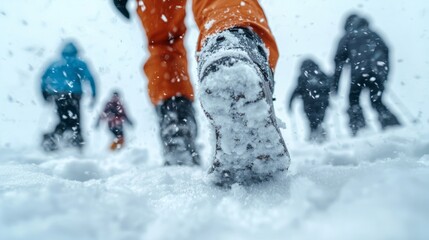 Adventurous Outdoor Enthusiast Exploring Snowy Wonderland with Friends in Colorful Ski Jacket and Snow Boots