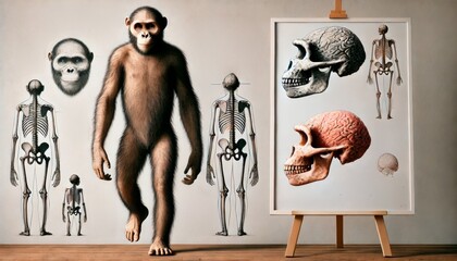 Scientific illustration of early human ancestor with skeletal and cranial comparison