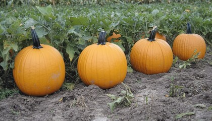 Orange pumpkins growing in a field during autumn season amid lush green vines