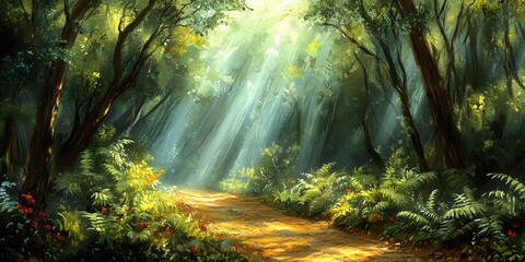 Obraz premium Natural walkway in a refreshing and beautiful forest. The sunlight beams to the ground, conveying a sense of calm and positive energy. It can be used to inspire relaxation and connecting with nature.