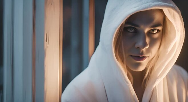 A creepy looking person with glowing eyes is looking out of a window The person is wearing a white hooded robe and he is smiling Video 4K