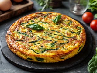 Frittata. The most popular Italian dishes. Round, thick omelette, often with visible vegetables. Composition: Eggs, vegetables (like spinach or zucchini), cheese, herbs.