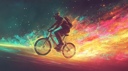 Cyclist Riding Through a Cosmic Trail