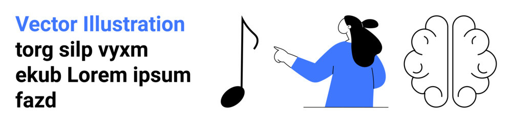 Woman pointing at a black music note with brain sketch in background Ideal for themes such as creativity neuroscience music education mental health and mind. Banner for landing page