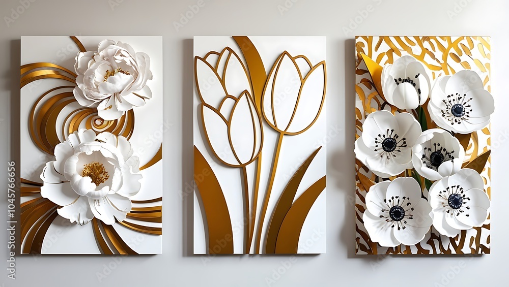 Poster set of three abstract wall art panels. acrylic painting style creating a striking visual statement for modern decor