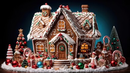 Fototapeta premium A festive gingerbread house adorned with decorations, evoking holiday cheer.