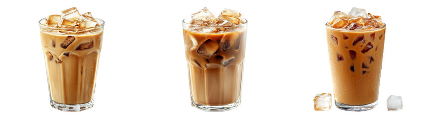 Realistic glasses of iced coffee isolated on transparent background perfect for beverage or coffee-themed designs