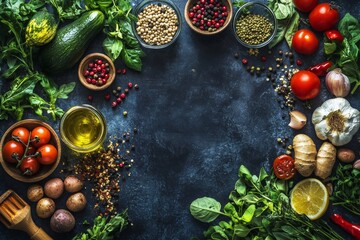 A colorful array of vegetables, herbs, and spices covers a rustic countertop, highlighting fresh ingredients for a nutritious cooking experience