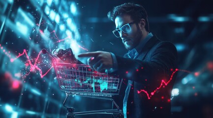 A man in glasses navigates digital data while using a shopping cart during a futuristic market analysis in an advanced tech environment