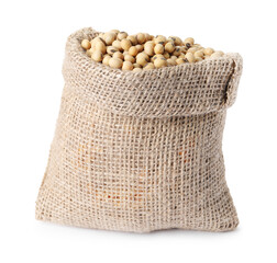 Soy beans in burlap sack isolated on white