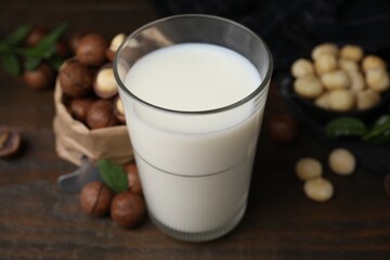 Glass of macadamia milk and nuts on wooden table, closeup
