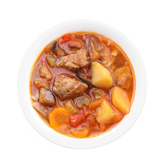Delicious stew with vegetables in bowl isolated on white, top view