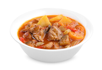 Delicious stew with vegetables in bowl isolated on white