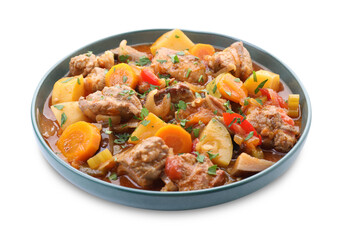 Delicious stew with vegetables isolated on white