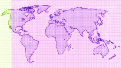 Stylized World Map with Purple Grid Overlay