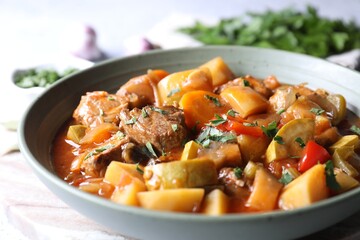 Delicious stew with vegetables in bowl on table, closeup