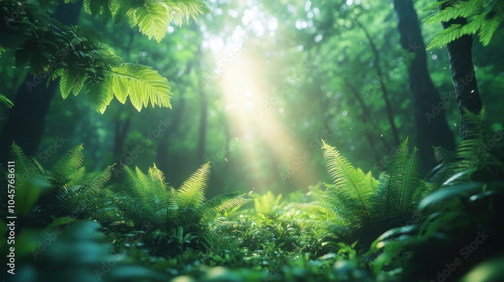 Aufkleber lush green forest with sunlight filtering through trees, creating a serene atmosphere.