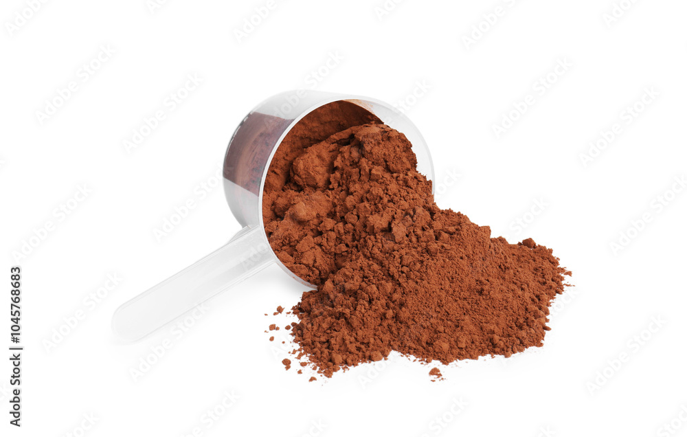 Poster Protein powder and scoop isolated on white