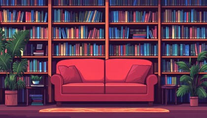 Cozy library setting featuring a red couch and a vast bookcase filled with books
