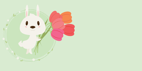 Easter bunny with tulips on green isolated background