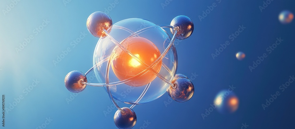 Poster a 3d model of an atom with an orange core and a clear outer shell, against a blue background, with t