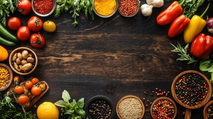 A variety of fresh vegetables, colorful spices, and herbs are artfully arranged on a wooden table, inviting culinary creativity and delightful cooking experiences