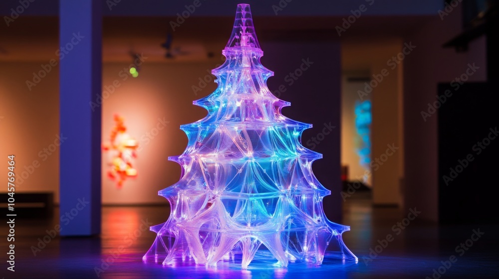 Poster a clear, pyramid-shaped sculpture with a multi-layered design glows with blue and purple light. the 