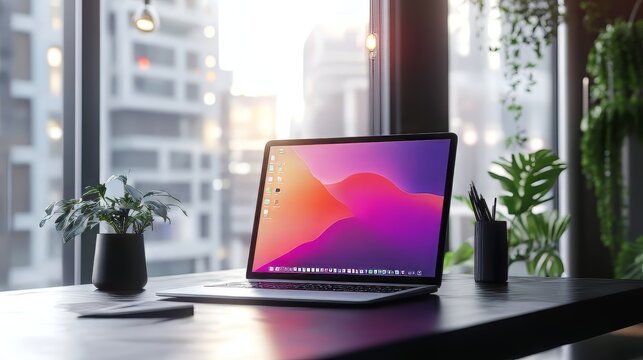 Laptop on an office table in front of large windows, open macos display with design software and graphic tools such as figma or sketchbook app. productivity tools. Ultra realistic. Photorealistic