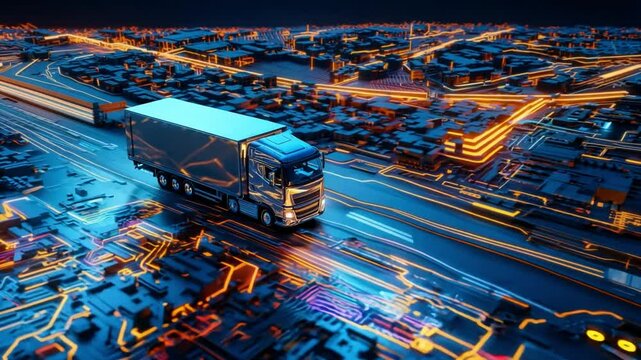 The truck travels along a glowing highway, surrounded by a schematic representation of a cityscape, evoking a sense of technology and logistics innovation