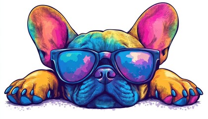 A colorful dog wearing sunglasses relaxes on a white surface in bright light