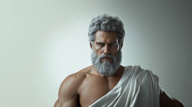 Majestic Portrait of a Strong, Bearded Man in Ancient Greek Clothing