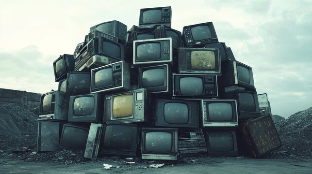 Old computers and vintage TVs stacked high highlighting techs decline in a quiet space