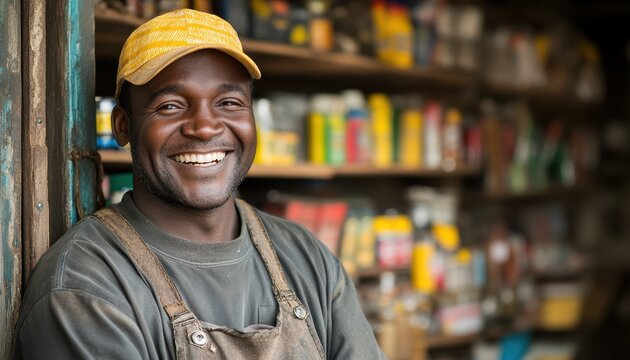 Happy hardware store worker smiles amidst a busy workshop filled with supplies