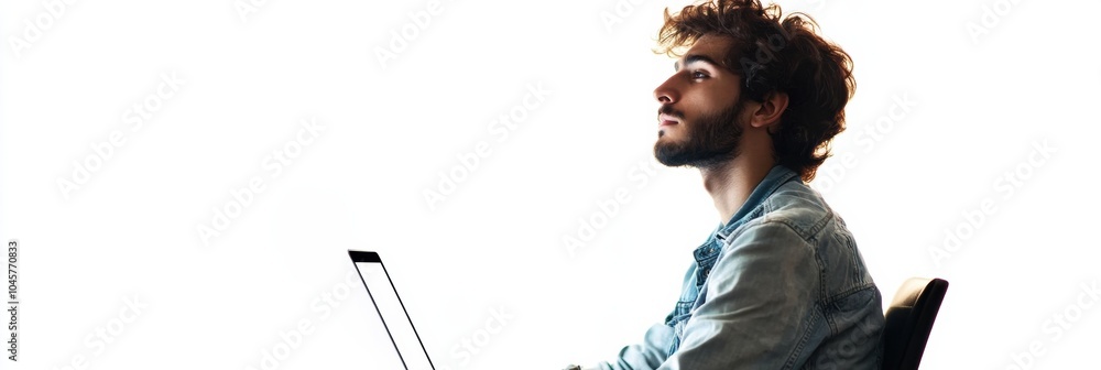 Poster A young man is diligently working at his laptop, engaged in remote tasks while seated against a bright white backdrop. Generative AI