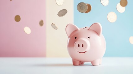 Joyful Piggy Bank with Coins Falling in Background