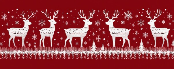 Festive Christmas sweater pattern with white reindeer and snowflakes on a red background, perfect for holiday designs and winter-themed projects